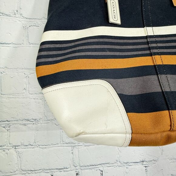 Coach Stripe Canvas Leather Trim Tote Bag Satchel Shoulder Bag Large Academia - Picture 12 of 16